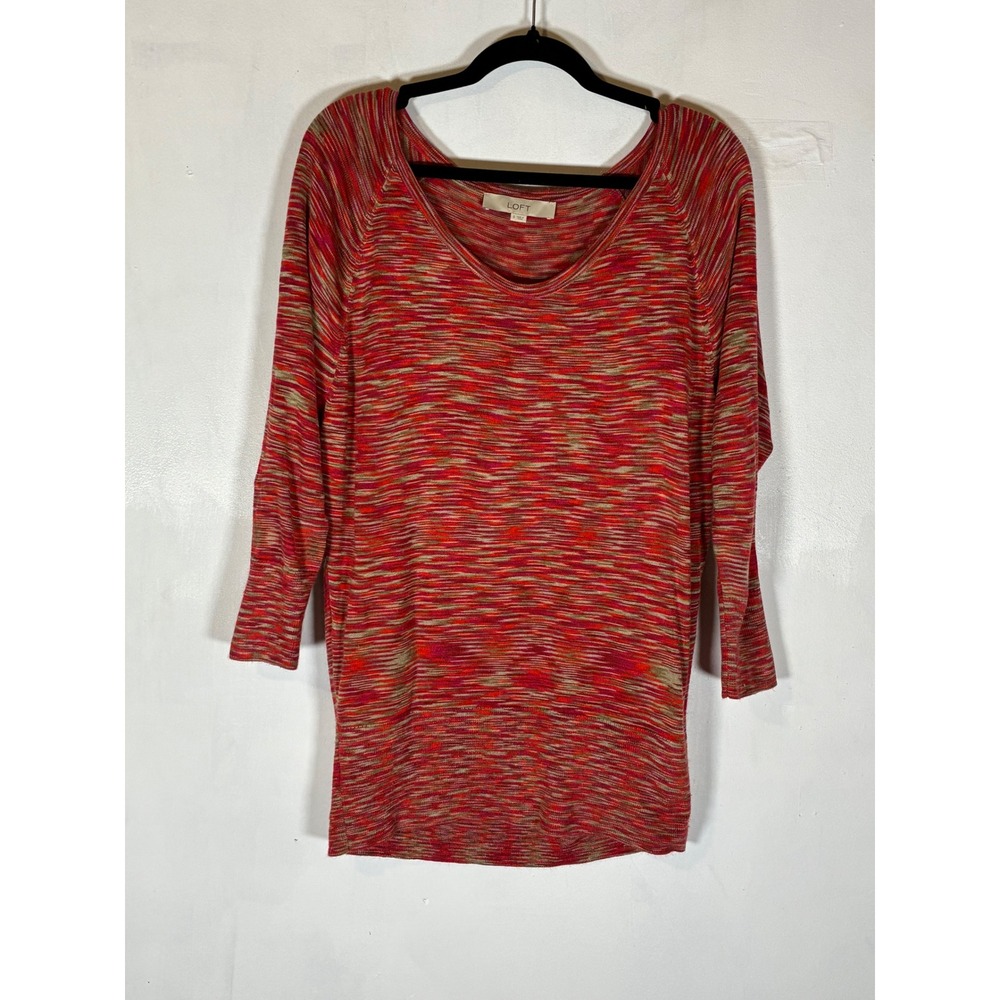 LOFT Sweater Womens Small Red Marled Wool Blend 3/4 Sleeve Scoop Neck
